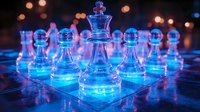 Glass chess pieces illuminated in vibrant neon blue light against dark background with glowing bokeh effects create dramatic atmosphere for strategy concept.