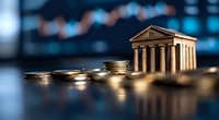 Miniature bank building with classical columns next to stacked coins against blurred financial chart background representing banking and investment concepts.