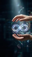 Human hands protecting glowing infinity symbol with holographic effects on dark technology background for business and innovation concepts.