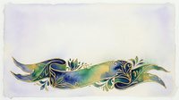 Watercolor decorative ribbon banner with floral ornaments in blue, green and gold, painted on white background for greeting cards and invitations.