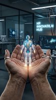 Hands holding glowing holographic human figure with neural network visualization in modern tech laboratory setting, representing innovation, healthcare technology, and digital transformation for medical research and development projects.