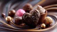 Dark chocolate heart-shaped candy with assorted luxury chocolate pralines and truffles on brown reflective surface, romantic gourmet confectionery composition.