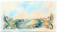 Watercolor decorative ribbon banner with floral swirls in blue and gold tones on soft pastel background, vintage style for greeting cards.