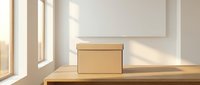 Minimalist cardboard shipping box on wooden table in bright modern interior with natural sunlight for e-commerce and delivery business concepts.