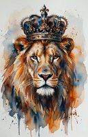 Majestic lion wearing ornate royal crown in watercolor style with artistic paint splatters and drips on textured background for luxury design projects.