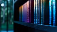 Row of colorful hardcover books arranged on dark wooden shelf with soft bokeh background creating atmospheric library ambiance with rainbow spectrum effect.