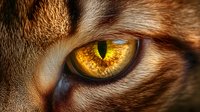 Golden-eyed feline with warm brown and tan striped fur displays intense gaze. Close-up captures detailed texture of whiskers and fur patterns. Suitable for wildlife, animal behavior, and nature content.