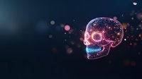 Glowing neon skull with mystical purple and blue lights against dark background, surrounded by floating bokeh particles and ethereal cosmic effects.