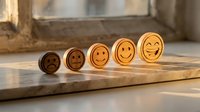 Customer satisfaction rating concept with wooden tokens showing progression from sad to happy face emoticons on rustic table for business feedback surveys.