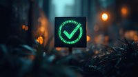 Glowing green checkmark sign illuminated against dark moody background with bokeh lights and natural foliage elements creating atmospheric composition.