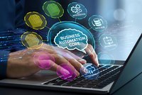 Business automation technology concept with hands typing on laptop surrounded by glowing digital icons representing workflow optimization and efficiency.