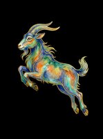 Colorful stylized goat leaping with vibrant blue, green, orange and gold tones, isolated on transparent background ready for t-shirts, stickers, clipart and print-on-demand designs.