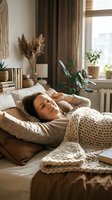 Woman with dark hair and medium skin tone relaxing on bed in cozy bedroom with natural sunlight, knitted blanket, potted plants, and warm earth-tone decor for lifestyle and wellness content.