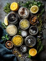 Assorted gourmet sea salts and spice blends in glass jars with fresh herbs, lemon slices and aromatic ingredients on rustic background.
