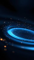 Glowing blue spiral light trails with golden particles floating against dark background create futuristic technological effect for abstract designs and presentations.