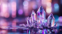 Purple crystal cluster with prismatic reflections on glossy surface against colorful bokeh background for meditation and spiritual wellness concepts.
