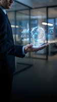 Businessman in formal suit holding holographic globe with digital analytics charts and financial data visualization in modern office environment for global business concepts.