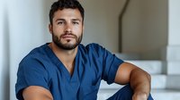 Confident male nurse or doctor in blue scrubs sitting relaxed in modern hospital corridor, healthcare professional portrait for medical marketing materials.