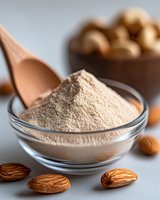 Ground almond flour in glass bowl with wooden spoon and whole almonds scattered around on gray background, macro food photography for cooking blogs.