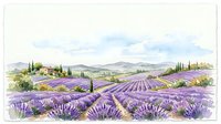 Watercolor lavender field landscape with farmhouse, cypress trees, and rolling hills under a soft cloudy sky, evoking Provence summer charm.