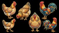 Colorful illustrated chickens and roosters set, isolated on transparent background, ready for stickers, t-shirt design, print on demand, clipart, and sublimation projects.