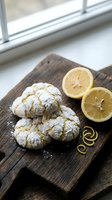 Homemade lemon crinkle cookies dusted with powdered sugar on rustic wooden cutting board with fresh lemon slices and zest for baking and dessert recipes.