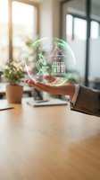 Hand holding glowing holographic sphere with science icons including microscope, test tubes, and mathematical formulas in modern office workspace for education and research concepts.