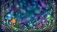 Enchanted forest scene with glowing mushrooms, magical plants, and cosmic starry sky in vibrant purple, blue, and green tones. Isolated fantasy artwork for digital design, prints, and creative projects.