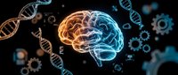 Digital brain with glowing neural networks surrounded by DNA helixes and molecular structures on dark background for medical research concepts.
