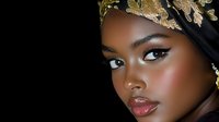Portrait of young African woman wearing ornate gold and black headwrap against dark background, showcasing natural makeup and glowing skin.