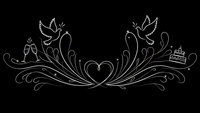 Wedding ornamental border with doves, heart and cake in white line art style on black background for romantic celebration design projects.