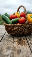 Wicker basket filled with fresh farm vegetables including red tomatoes, yellow peppers, and green cucumbers on rustic wooden surface for farmers market and organic produce concepts.
