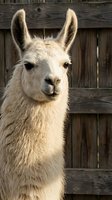 White llama with fluffy coat and pointed ears looking at camera against rustic wooden barn background. Use for farm, animal, and agriculture content.