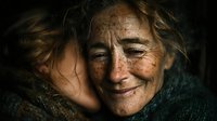 Elderly woman with weathered face and warm smile wrapped in cozy knit scarf, portrait showing wisdom and life experience through natural aging and wrinkles.