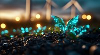 Glowing turquoise plant sprout emerging from soil at sunset with wind turbines and bokeh lights in background, representing sustainable growth and renewable energy.