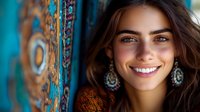 Young woman with radiant smile wearing ornate silver earrings against vibrant turquoise and orange bohemian patterned background, natural makeup and flowing dark hair.