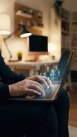 Businessman hands typing on laptop with digital technology icons and data visualization effects in modern home office workspace for remote work.