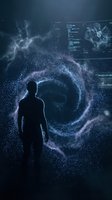 Silhouette of man observing cosmic spiral galaxy with digital interface screens in futuristic space exploration environment for science fiction concepts.