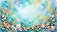 Watercolor seashell frame with coral pink shells, starfish and sea treasures on turquoise blue background for summer beach themed designs and coastal decor.