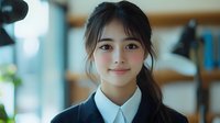 Young Asian woman in business attire with white collar shirt smiling warmly at camera in modern office setting with soft natural lighting and blurred bookshelf background.