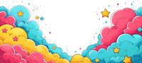 Playful cartoon clouds in pink, yellow and turquoise with scattered stars create dreamy frame border design for children's books and greeting cards.