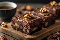 Homemade chocolate walnut brownies with rich fudge frosting on wooden board, decorated with whole walnuts. Dark moody food photography with coffee cup in background.