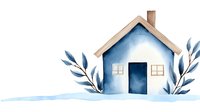 Watercolor house with blue walls and wooden roof surrounded by decorative leaves on white background for home design projects.