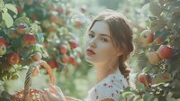 Young Asian woman in white floral dress picking fresh red apples in sunny orchard during harvest season, holding wicker basket for healthy organic fruit gathering.