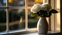 White hydrangea flowers in ceramic vase on windowsill at sunset, warm natural lighting creates cozy atmosphere with soft bokeh background and window frame silhouette.