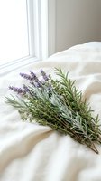 Fresh lavender and rosemary herb bundle on white linen bedding near window for aromatherapy, natural wellness and home spa relaxation concept.