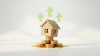 Real estate investment growth concept with wooden house model on stacked gold coins and green upward arrows on light background.