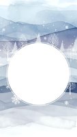 Watercolor winter landscape with circular frame, snowy mountains, bare trees and falling snowflakes for seasonal greeting cards and holiday designs.