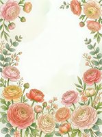 Elegant ranunculus flower frame with pink coral peach blooms and green leaves on cream background for wedding invitations greeting cards stationery design.