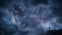 Silhouette of person standing under cosmic sky with constellation patterns and nebula clouds for astronomy and space exploration concepts.